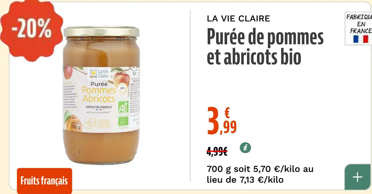 LA VIE CLAIRE Purée de pommes et abricots bio