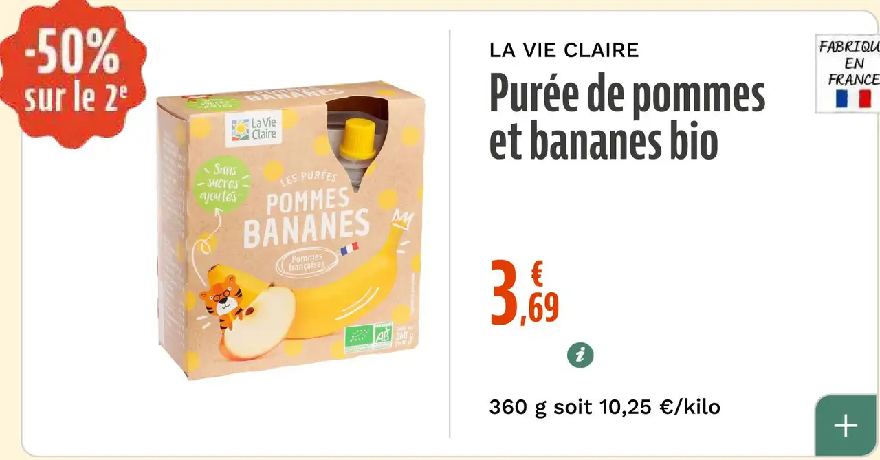 LA VIE CLAIRE Purée de pommes et bananes bio