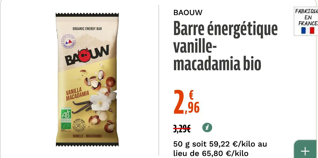 BAOUW Barre énergétique vanille-macadamia bio