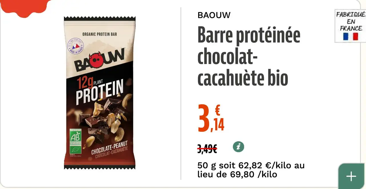 BAOUW Barre protéinée chocolat-cacahuète bio