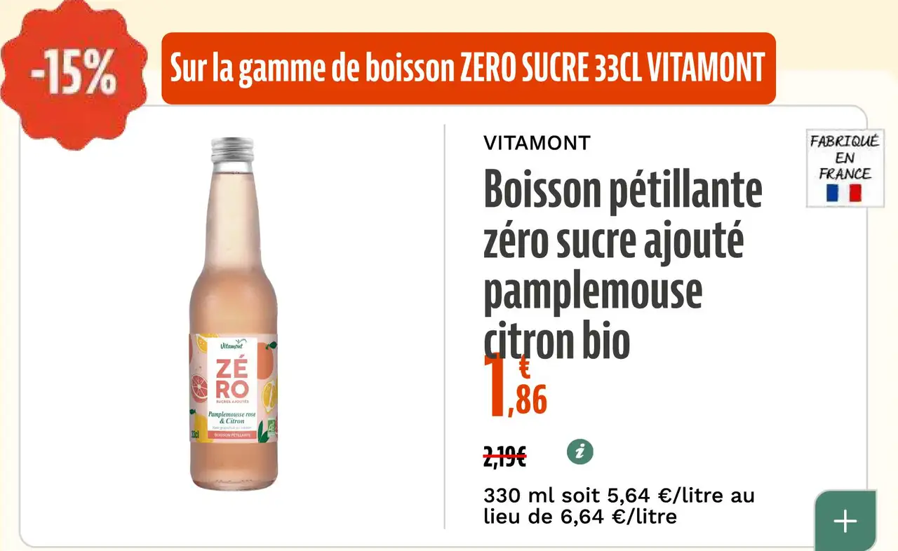 Vitamont Boisson pétillante zéro sucre ajouté pamplemousse citron bio