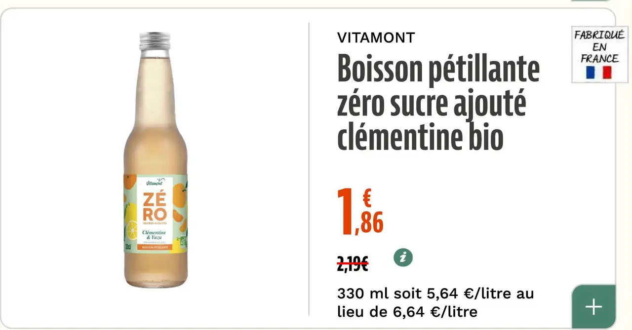 Vitamont Boisson pétillante zéro sucre ajouté clémentine bio