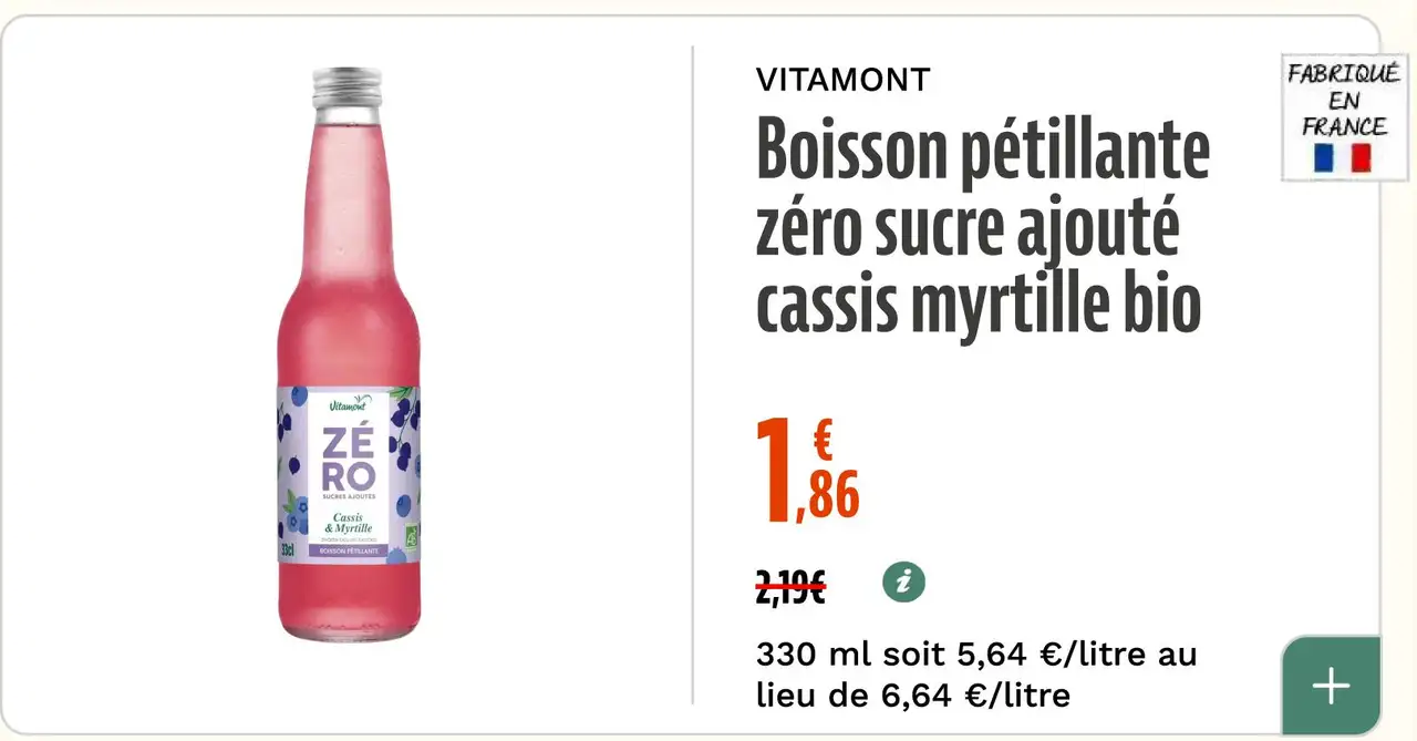Vitamont Boisson pétillante zéro sucre ajouté cassis myrtille bio