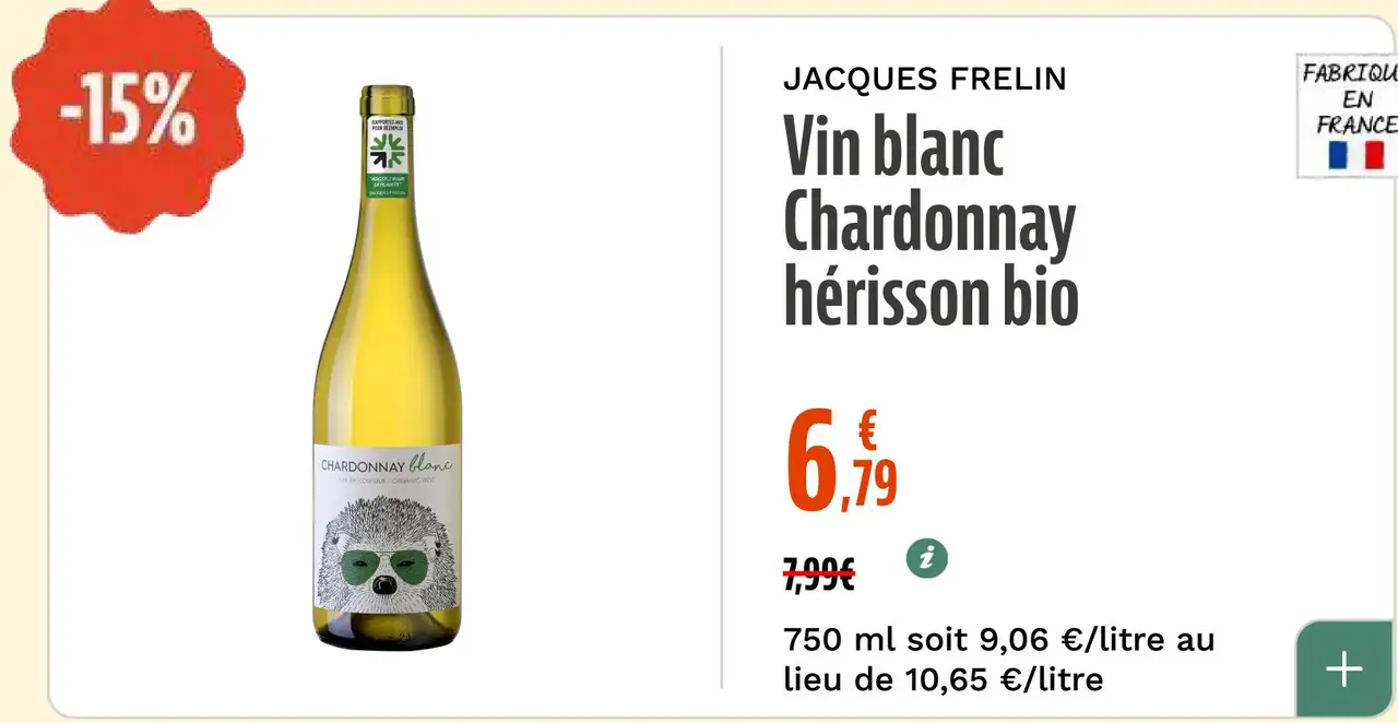 Jacques Frelin Vin blanc Chardonnay hérisson bio