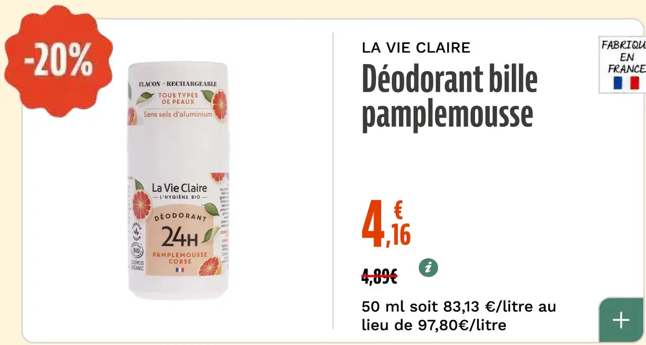 La Vie Claire Déodorant bille pamplemousse