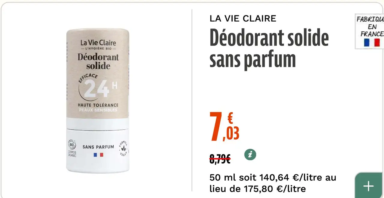 LA VIE CLAIRE Déodorant solide sans parfum