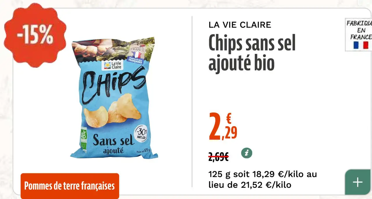 La Vie Claire Chips sans sel ajouté bio