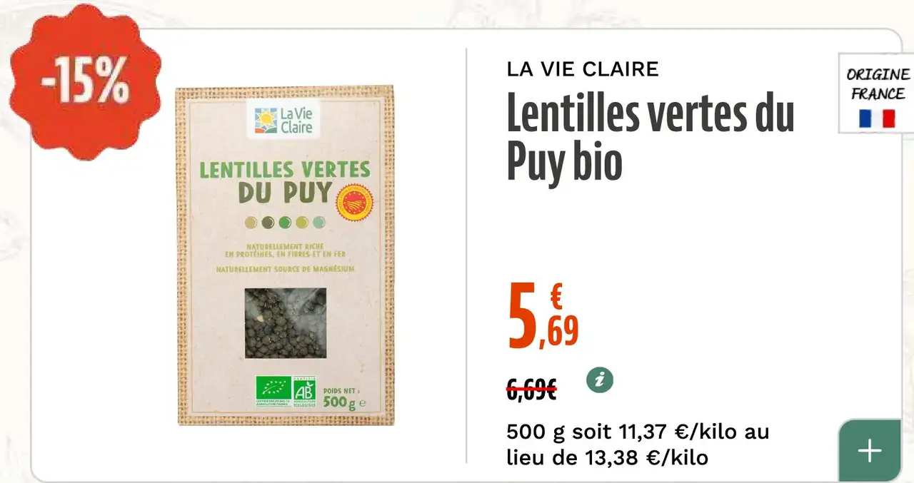 LA VIE CLAIRE Lentilles vertes du Puy bio