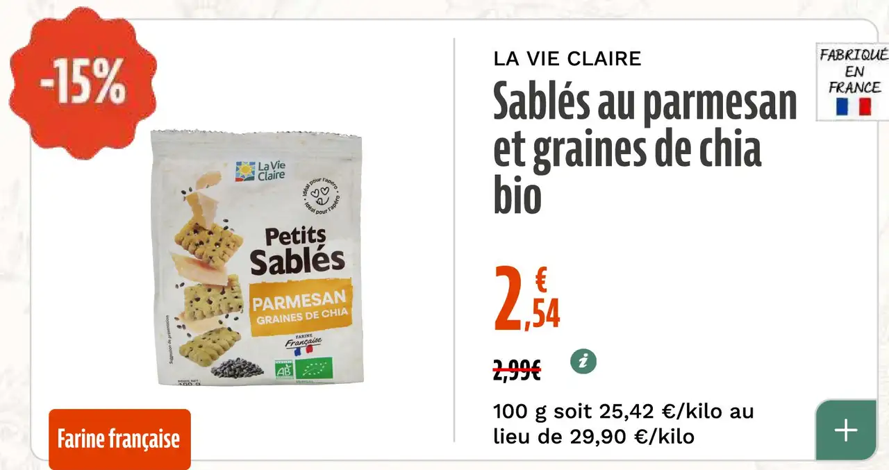 LA VIE CLAIRE Sablés au parmesan et graines de chia bio