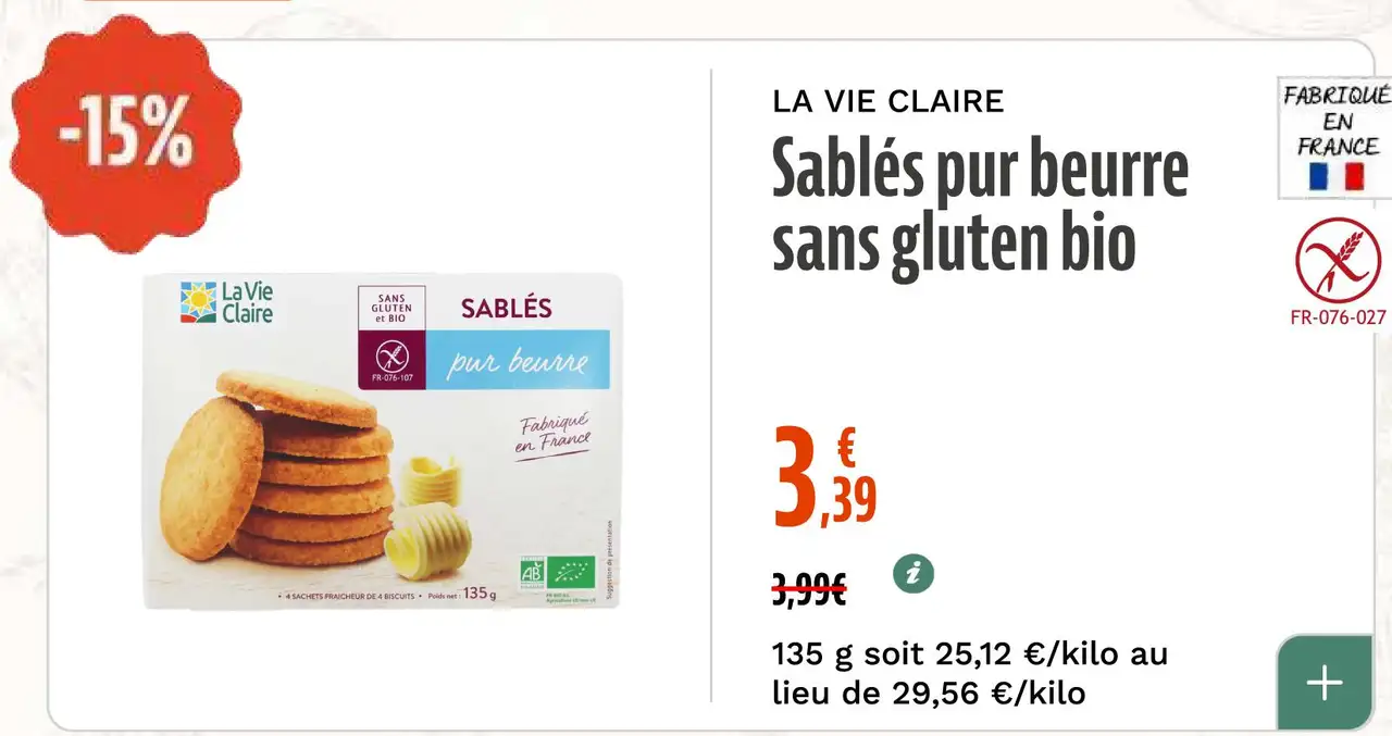 LA VIE CLAIRE Sablés pur beurre sans gluten bio