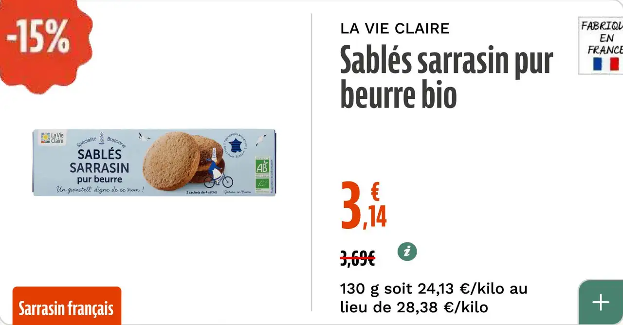 LA VIE CLAIRE Sablés sarrasin pur beurre bio