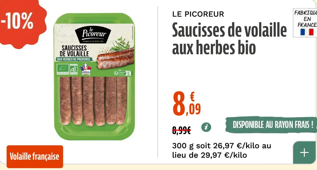 Le Picoreur Saucisses de volaille aux herbes bio
