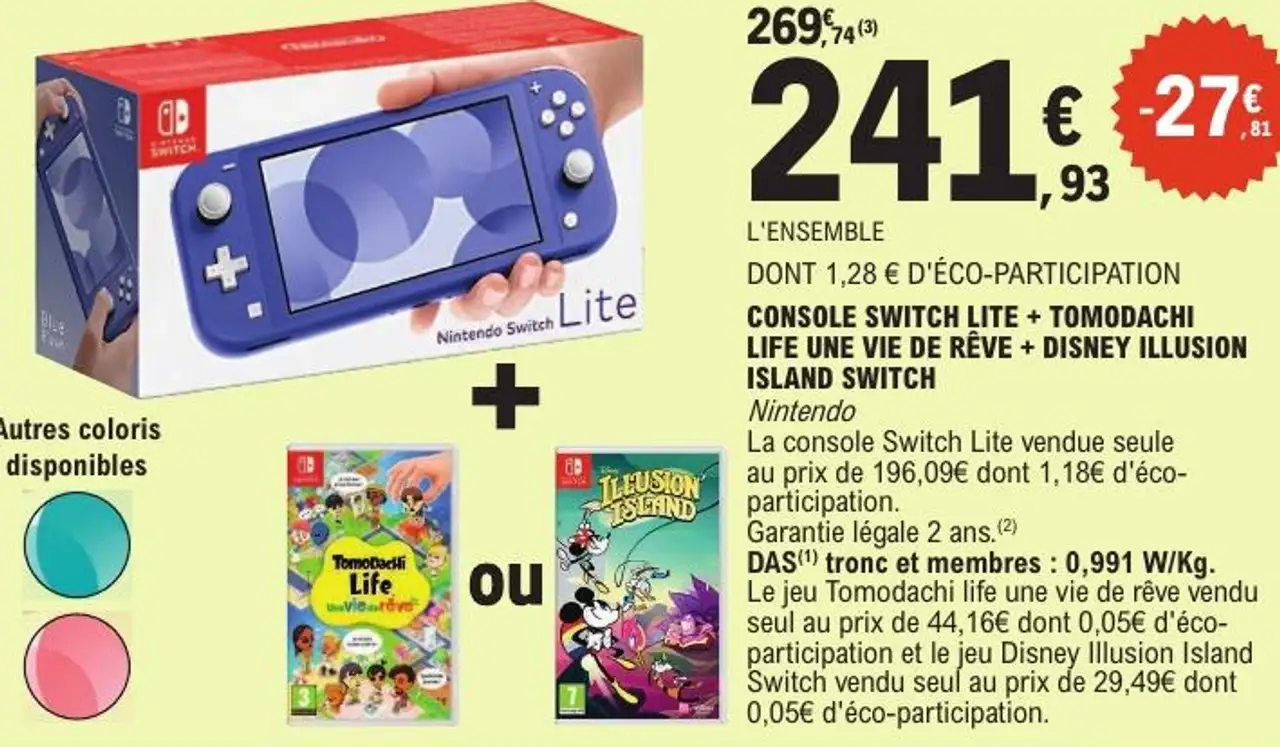 Console Switch Lite + Tomodachi Life une vie de rêve + Disney Illusion Island Switch