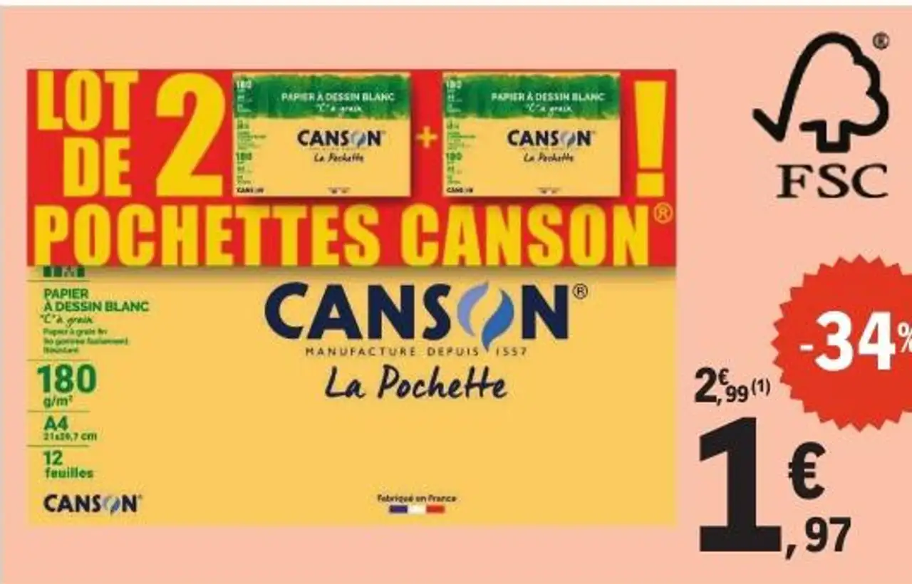 Canson Lot de 2 pochettes de 12 feuilles de papier à dessin blanc