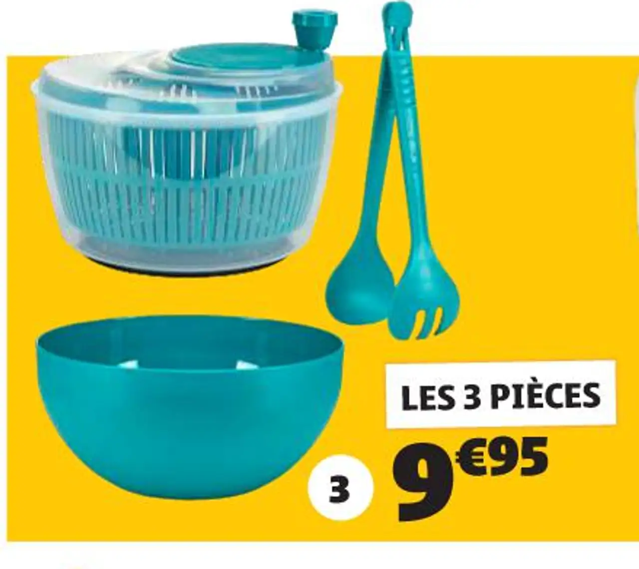 Ensemble essoreuse, saladier et couverts à salade