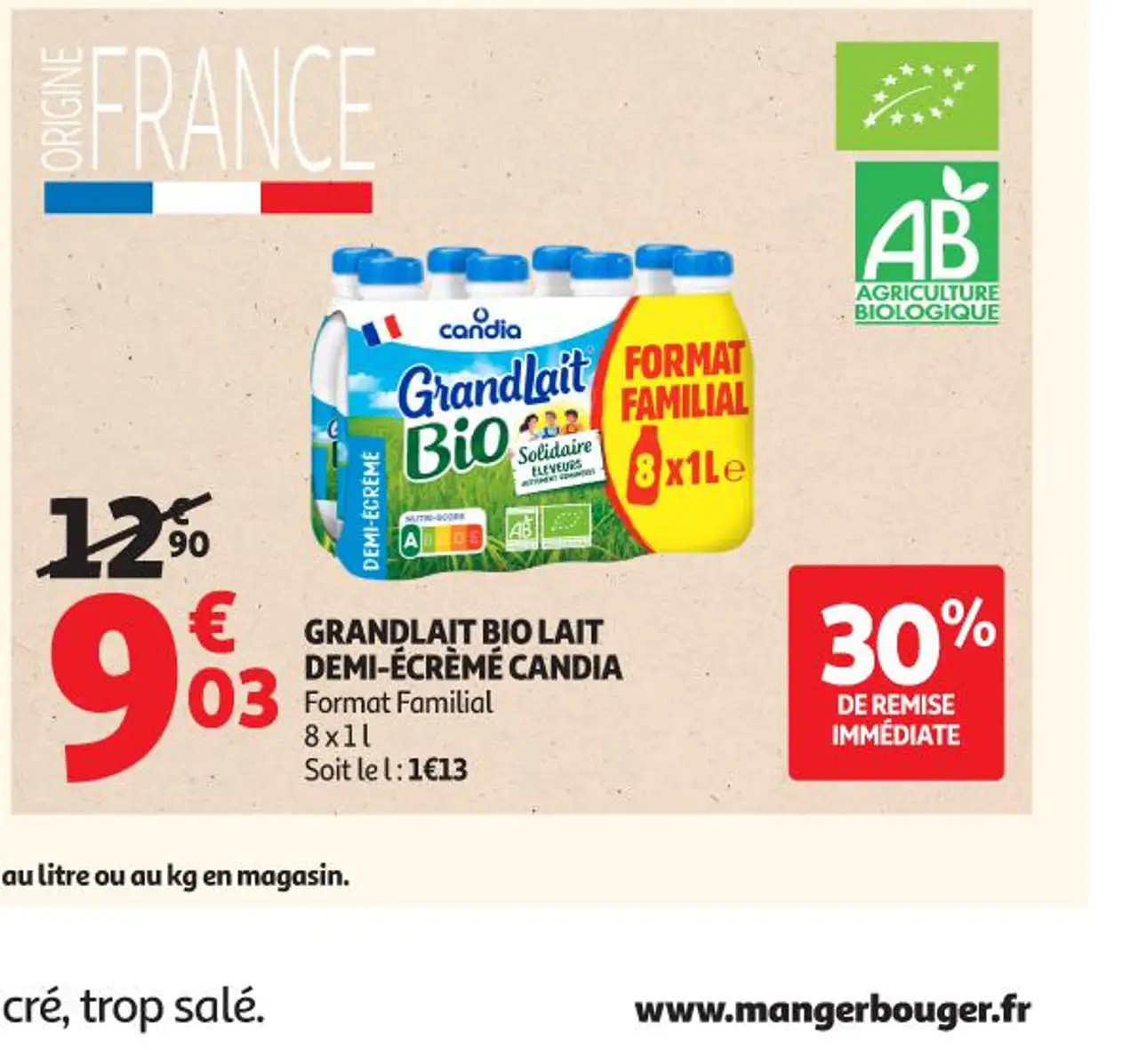 Grandlait Bio lait demi-écrémé Candia