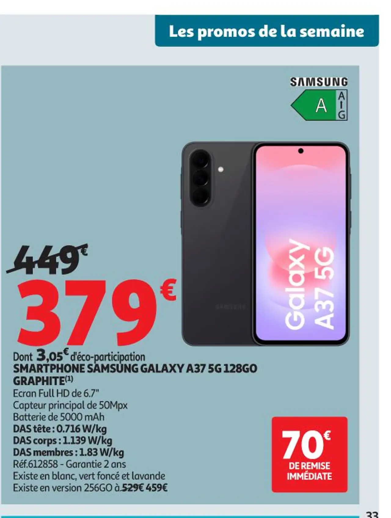 SMARTPHONE SAMSUNG GALAXY A37 5G 128GO GRAPHITE