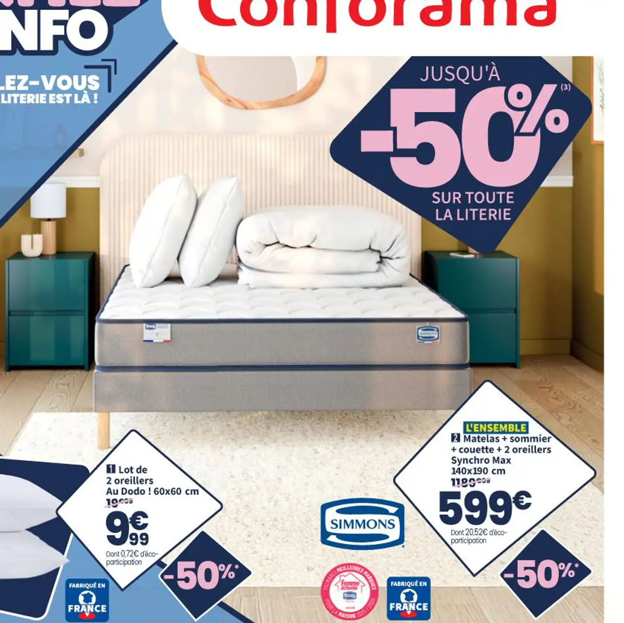 L'ENSEMBLE Matelas + sommier + couette + 2 oreillers Synchro Max 140x190 cm