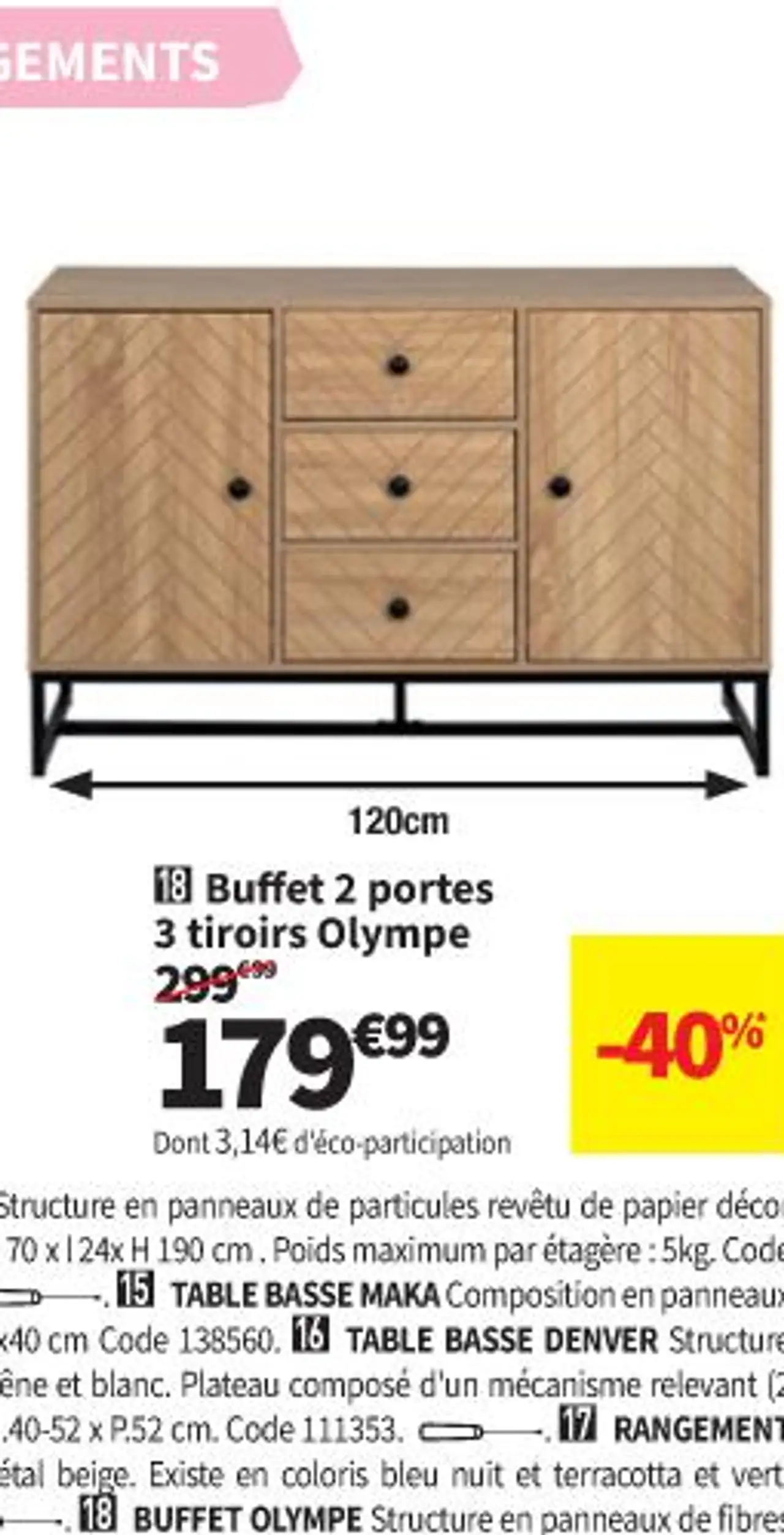 Buffet 2 portes 3 tiroirs Olympe
