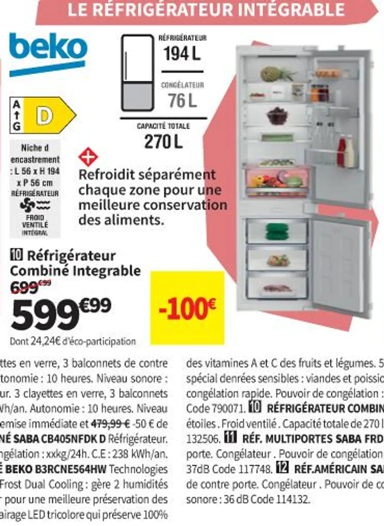 Beko Réfrigérateur Combiné Integrable