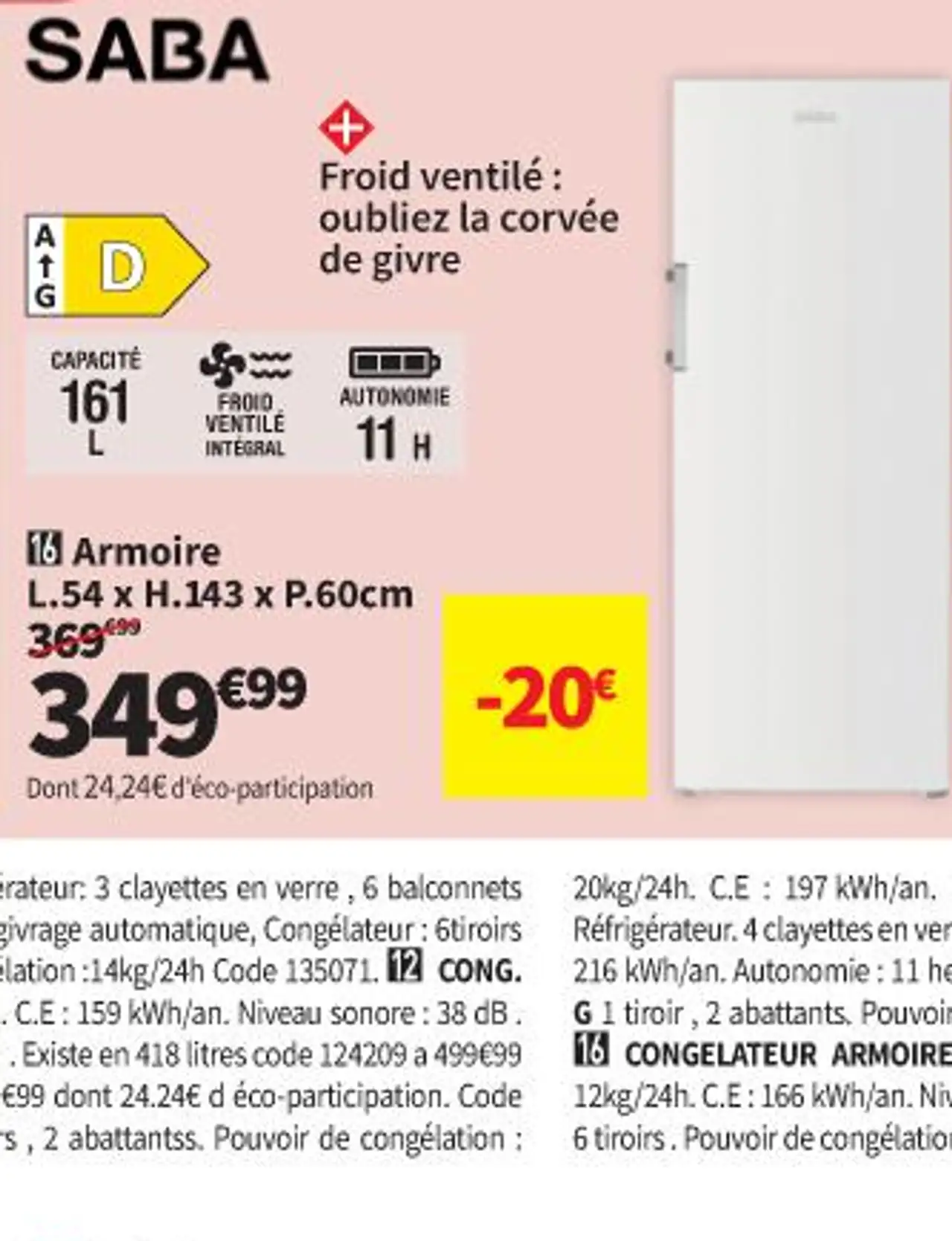 SABA Congélateur armoire L.54 x H.143 x P.60cm
