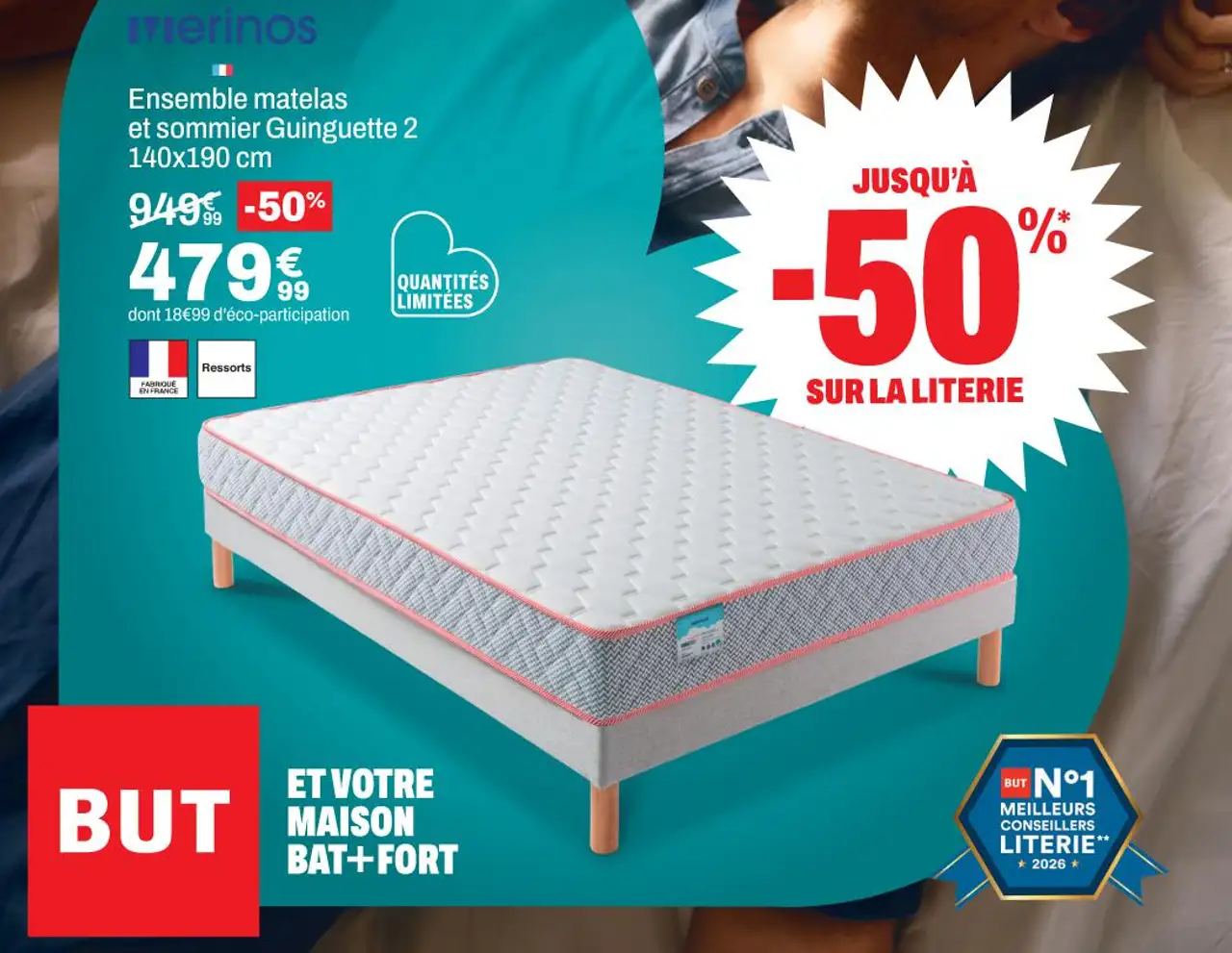 Merinos Ensemble matelas et sommier Guinguette 2 140x190 cm