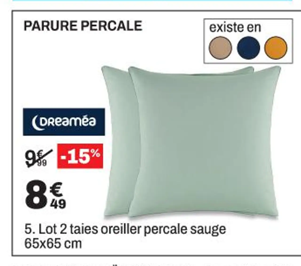 Lot 2 taies oreiller percale sauge 65x65 cm