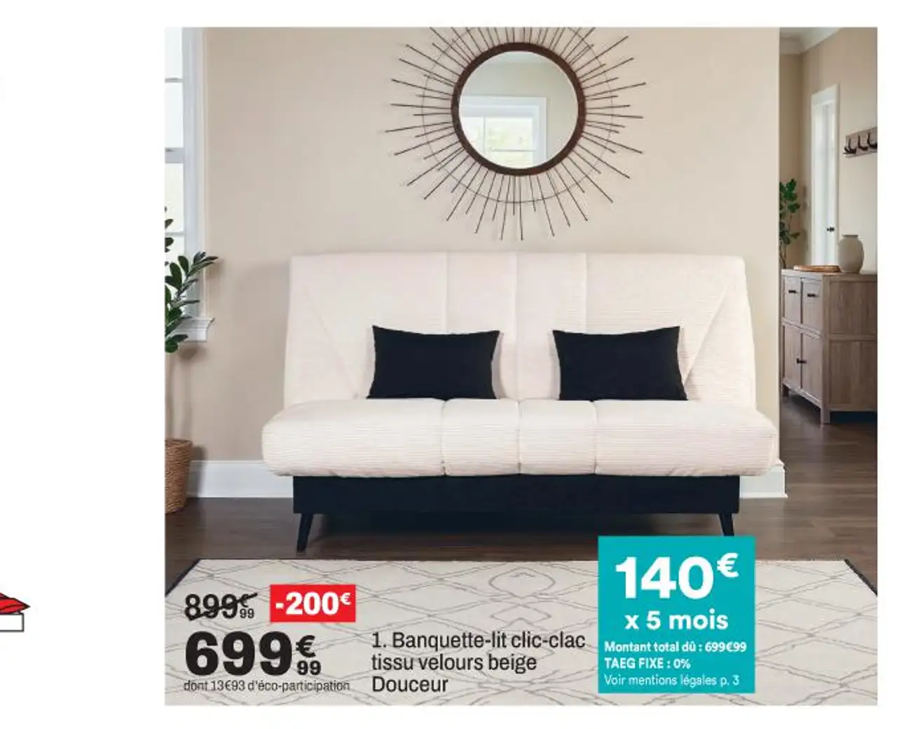 Simmons Banquette-lit clic-clac tissu velours beige Douceur