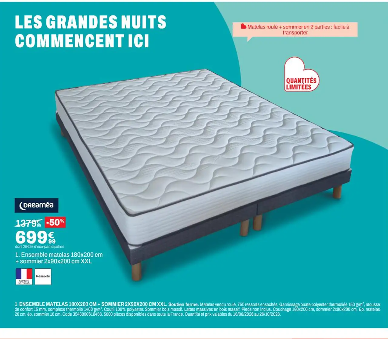 Dreamea Ensemble matelas 180x200 cm + sommier 2x90x200 cm XXL