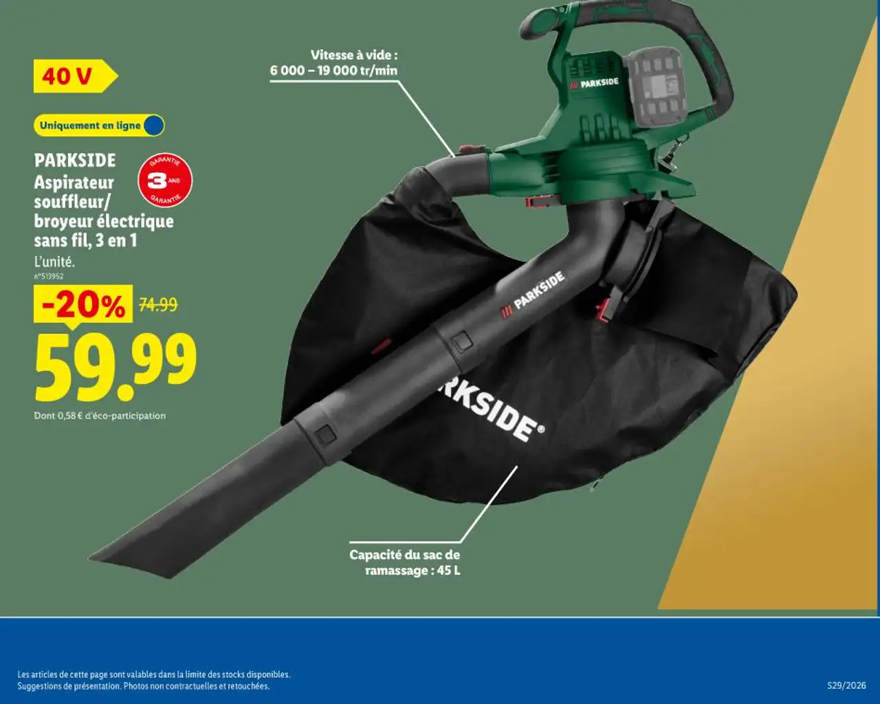 PARKSIDE Aspirateur souffleur/broyeur électrique sans fil, 3 en 1